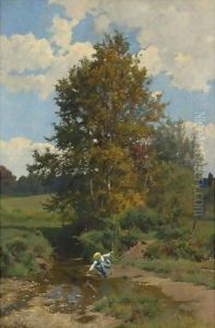Young Fisherman By A Stream by Hugh Bolton Jones