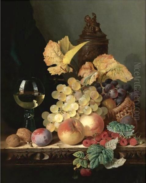 Still Life With Peaches, Plums, Grapes And Walnuts On A Carved Table With A Wine Glass by Edward Ladell