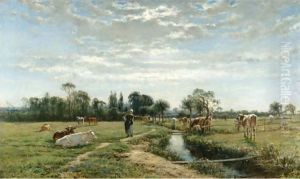 Milkmaid With A Herd Of Cows by William Mark Fisher