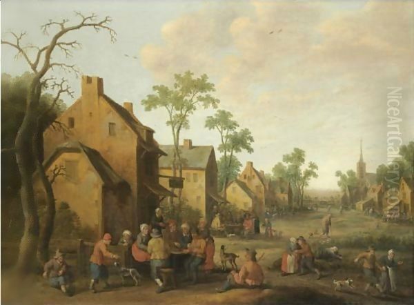 A Village Scene With Figures Conversing Outside A Tavern - view 1