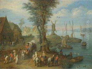 A Village Scene With Waggoners On A Track Beside A River