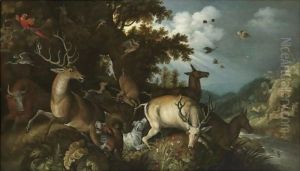 A Wooded River Lanscape With Stags Chased By Huntsmen And Their Dogs by Roelandt Jacobsz Savery