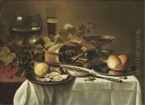 Still Life With A Large Roemer, A Half-Filled Beer Glass, A Tazza, A Pie, A Bread Roll On A Pewter Plate by Pieter Claesz.