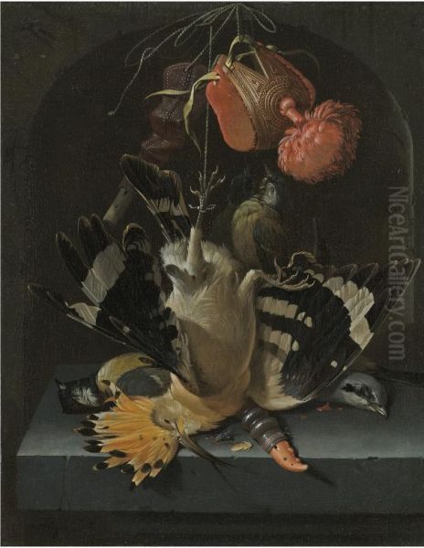 Still Life With A Hoopoe, A Great Tit, A Falconry Hood And A Decoy Whistle All Arranged Within A Stone Niche - view 1