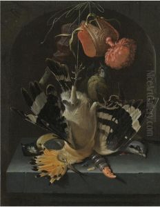 Still Life With A Hoopoe, A Great Tit, A Falconry Hood And A Decoy Whistle All Arranged Within A Stone Niche by Abraham Mignon