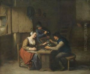 A Tavern Interior With Two Boors Seated At A Table Drinking, A Third Standing Behind Smoking A Pipe by Adriaen Jansz. Van Ostade