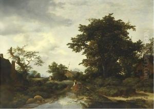 Wooded Landscape With A Woman By A River by Gerrit van Hees
