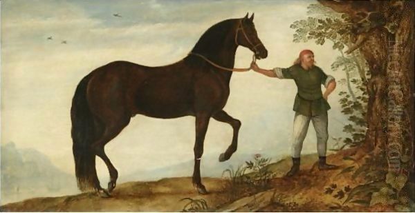 A Black Stallion With A Groom, In A Landscape - view 1