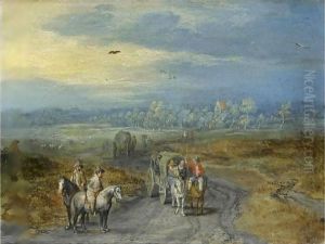Travellers On A Country Road With A Village Beyond by Jan The Elder Brueghel