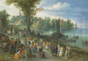 The Edge Of A Village With Figures Dancing On The Bank Of A River And A Fish-Seller