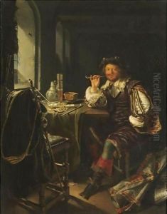 An Interior With A Soldier Smoking A Pipe
