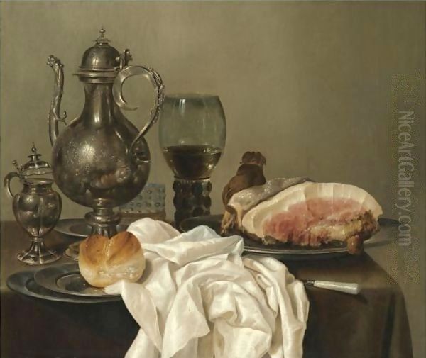 A Still Life With A Silver Tazza, A Silver Pot, A Roemer With White Wine, A Glass With Beer, Four Pewter Plates With A Bread Roll And A Shoulder Of Ham, All On A Green Table Cloth - view 1