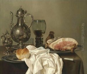 A Still Life With A Silver Tazza, A Silver Pot, A Roemer With White Wine, A Glass With Beer, Four Pewter Plates With A Bread Roll And A Shoulder Of Ham, All On A Green Table Cloth