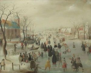 An Extensive River Landscape With Numerous Skaters Before A Church, A Village Beyond