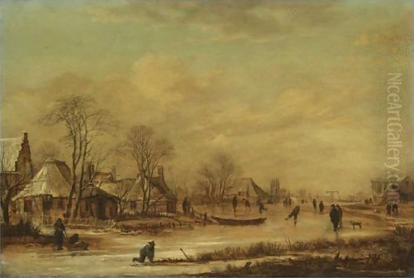 A Village Scene In Winter With Skaters On A Frozen River - view 1