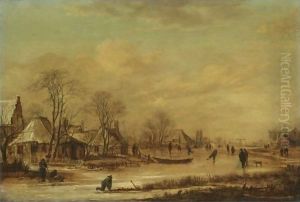 A Village Scene In Winter With Skaters On A Frozen River
