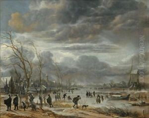 A Winter Lanscape With Figures Battling Across A Frozen River In A Snowstorm, A Post Mill To The Right