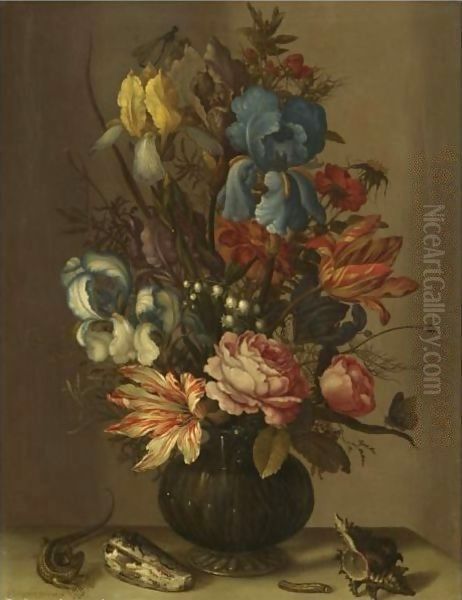 Still Life Of Roses, Tulips, Irises, French Marigold, And Lily Of The Valley In A Glass Vase - view 1