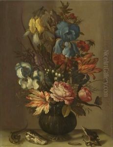 Still Life Of Roses, Tulips, Irises, French Marigold, And Lily Of The Valley In A Glass Vase