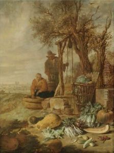 A Peasant Couple By A Well With A Distant View Of Paris by Willem Kalf