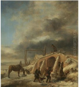 A Winter Landscape, With Figures By A Bridge Over A Frozen Stream
