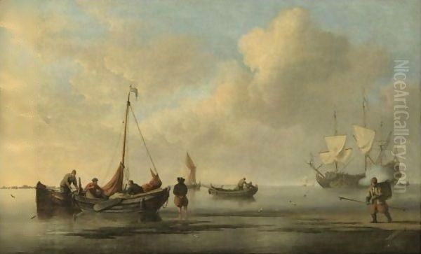 A Calm Day With Weyschuits Off A Beach, And Other Vessels Including A Man O' War Firing A Salute Offshore - view 1