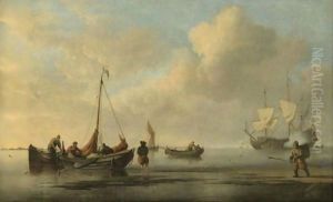 A Calm Day With Weyschuits Off A Beach, And Other Vessels Including A Man O' War Firing A Salute Offshore