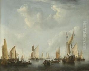 A Calm, With A States Yacht And Other Vessels In A Crowded Harbour Scene by Willem van de, the Elder Velde