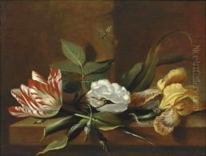 Still Life With A Yellow Iris, A Parrot Tulip, A White Rose And Insects On A Wooden Table Ledge by Jacob Marrel