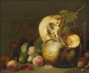 A Still Life With A Pumpkin, Peachs, Grapes, Cherries And Other Fruit by Hans Bollongier