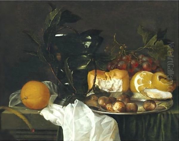 Still Life With A Roemer, A Peeled Lemon, Bread, An Oyster And Chestnuts On A Pewter Dish - view 1