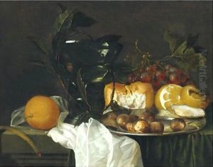 Still Life With A Roemer, A Peeled Lemon, Bread, An Oyster And Chestnuts On A Pewter Dish by Jan Davidsz. De Heem