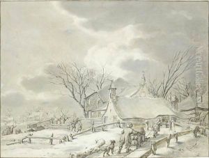 Winter Landscape With Peasants With A Sledge By A Farm, A Town Beyond by Jacob Cats