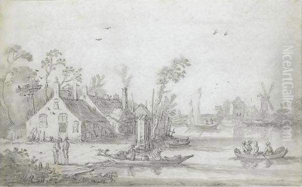 A River Scene With Rowing Boats, Cottages On The Shore And A Windmill In The Distance - view 1