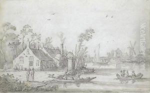 A River Scene With Rowing Boats, Cottages On The Shore And A Windmill In The Distance by Esaias Van De Velde