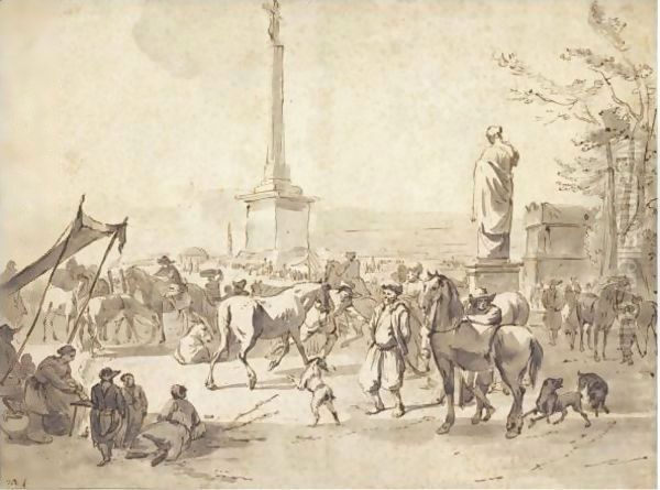 A Horse Market With Arabian Merchants In The Campo Vaccino, Rome by Hendrick Verschuring