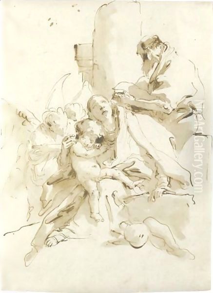 The Holy Family, St. Joseph Reading And Two Angels In The Background - view 1