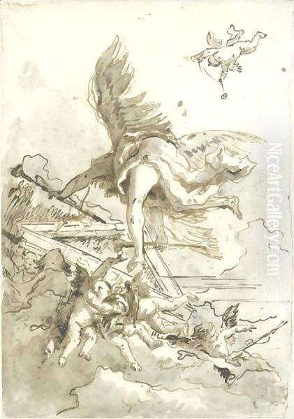 Fame, Surrounded By Putti, Seen From Below, Flying Around A Pediment - view 1