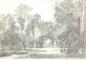 View Of A Park With Statues And Ornamental Buildings by Antoine Pierre Mongin