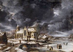 Paysage D'Hiver Anime De Patineurs Sur Une Riviere Gelee, Pres D'Une Eglise by Jan Abrahamsz. Beerstraten