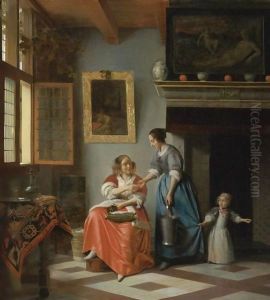 A Woman Handing A Coin To A Serving Woman With A Child by Pieter De Hooch