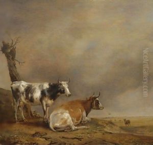 Two Cows And A Goat By A Pollarded Tree In A Landscape With Other Cows In The Distance by Paulus Potter
