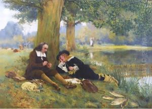 Tying A Fly - Izaak Walton And John Offley At The Water's Edge by Walter-Dendy Sadler
