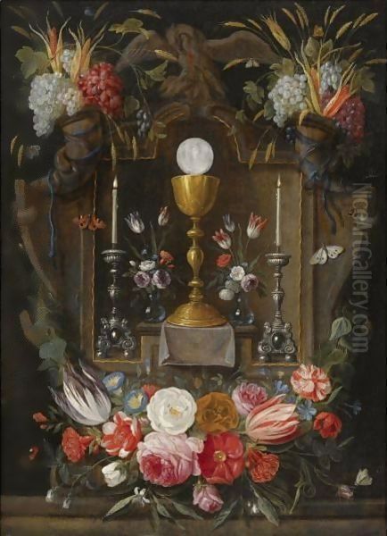 The Eucharist A Gold Chalice, A Host And Two Silver Candelabras In A Stone Niche - view 1
