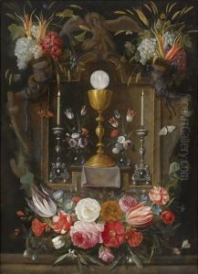 The Eucharist A Gold Chalice, A Host And Two Silver Candelabras In A Stone Niche The Eucharist A Gold Chalice, A Host And Two Silver Candelabras In A Stone Niche