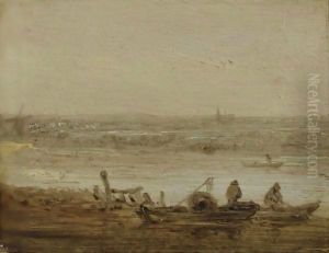 A River Landscape With Fishermen In Boats Hauling In Their Nets, A View Of A Church In The Far Distance A River Landscape With Fishermen In Boats Hauling In Their Nets, A View Of A Church In The Far Distance