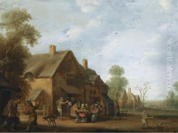 A Village Street With A Group Of Peasants Seated Outside An Inn, A Boy Playing With A Dog In The Foreground - view 1