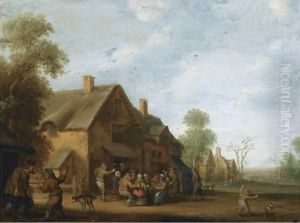A Village Street With A Group Of Peasants Seated Outside An Inn, A Boy Playing With A Dog In The Foreground by Joost Cornelisz. Droochsloot