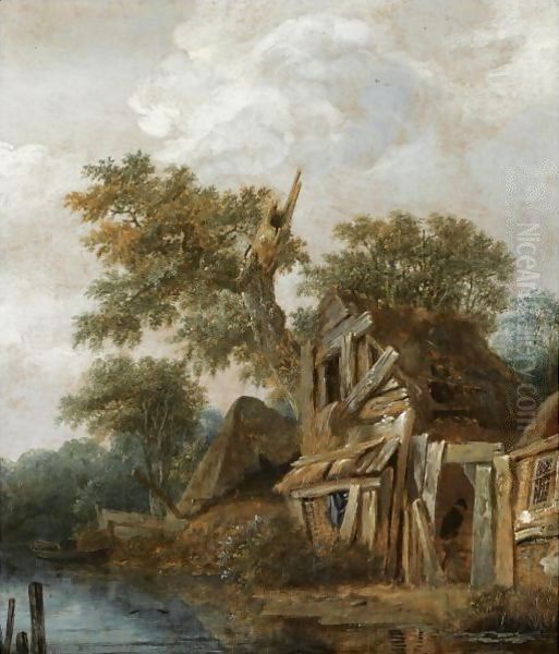 A Wooded Landscape With A Farmstead On The Banks Of A River, A Figure Entering The Cottage - view 1