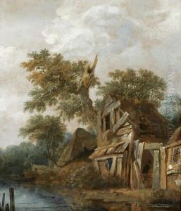 A Wooded Landscape With A Farmstead On The Banks Of A River, A Figure Entering The Cottage by Cornelius Decker